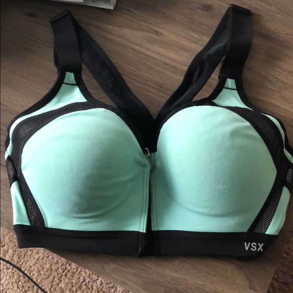 VSX front close reflective Tiffany blue sports bra